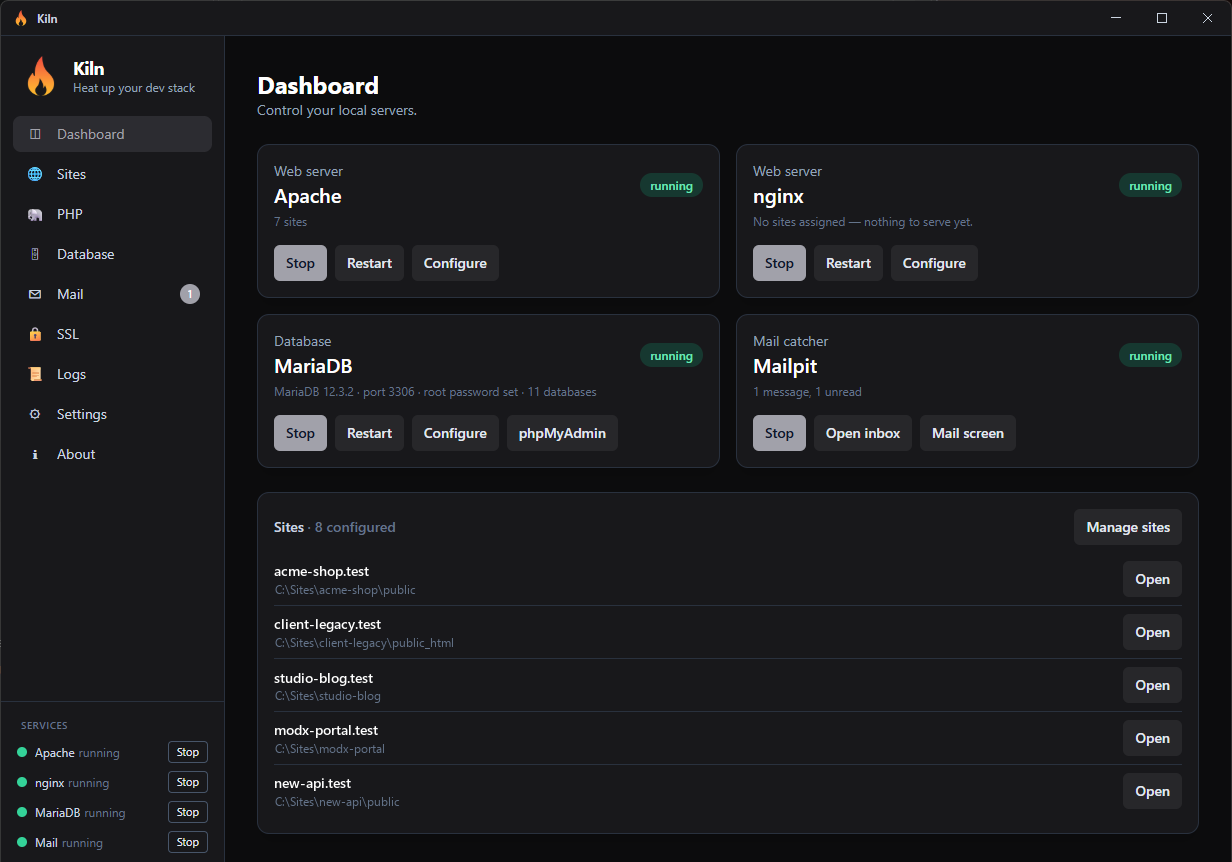 The Kiln dashboard: Apache, nginx, MariaDB and the mail catcher all running, with five local sites listed.